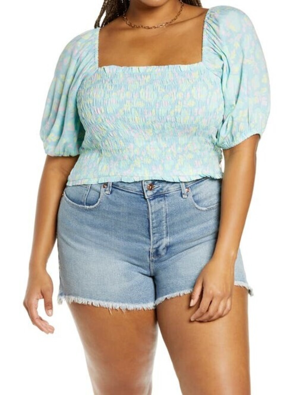 BP. Smocked Puff Sleeve Crop Top in Blue Djuna Floral  Size 1X